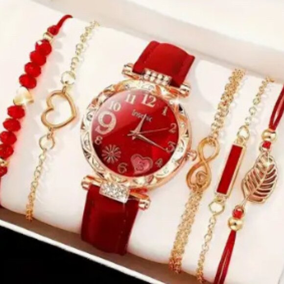 Brand new 6pc Women's Red Quartz Watch & Bracelet Set - Picture 1 of 6